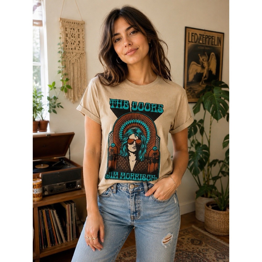 The Doors Jim Morrison Graphic Band T-Shirt Women's Medium Tan Rock Tee -2583